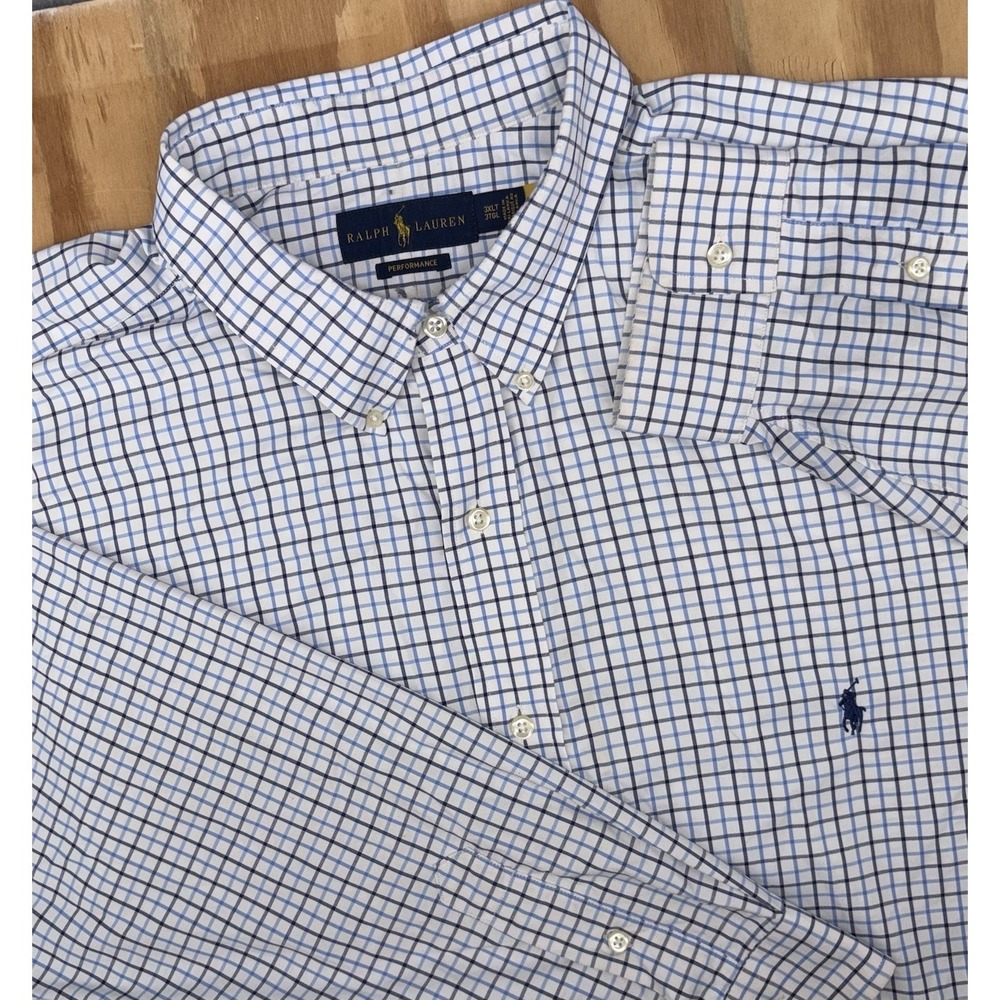 Polo Ralph Lauren Performance 3XLT 3XL Tall White Blue Plaid‎ Wicking Stretch